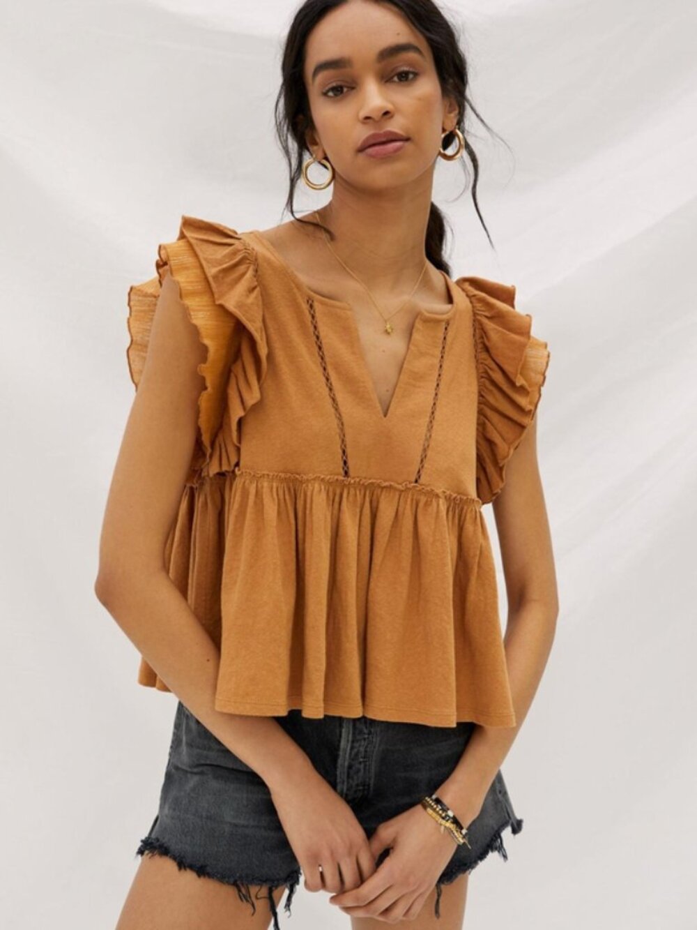 Anthropologie Caroline Ruffled Babydoll Top Flutter Sleeve Lace Tiered Blouses M